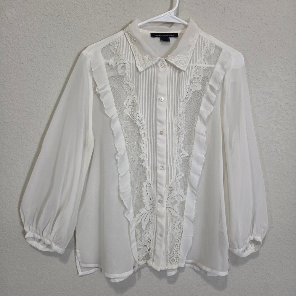 French Connection Sheer Blouse Women's L White Ruffle Lace Baloon Sleeve